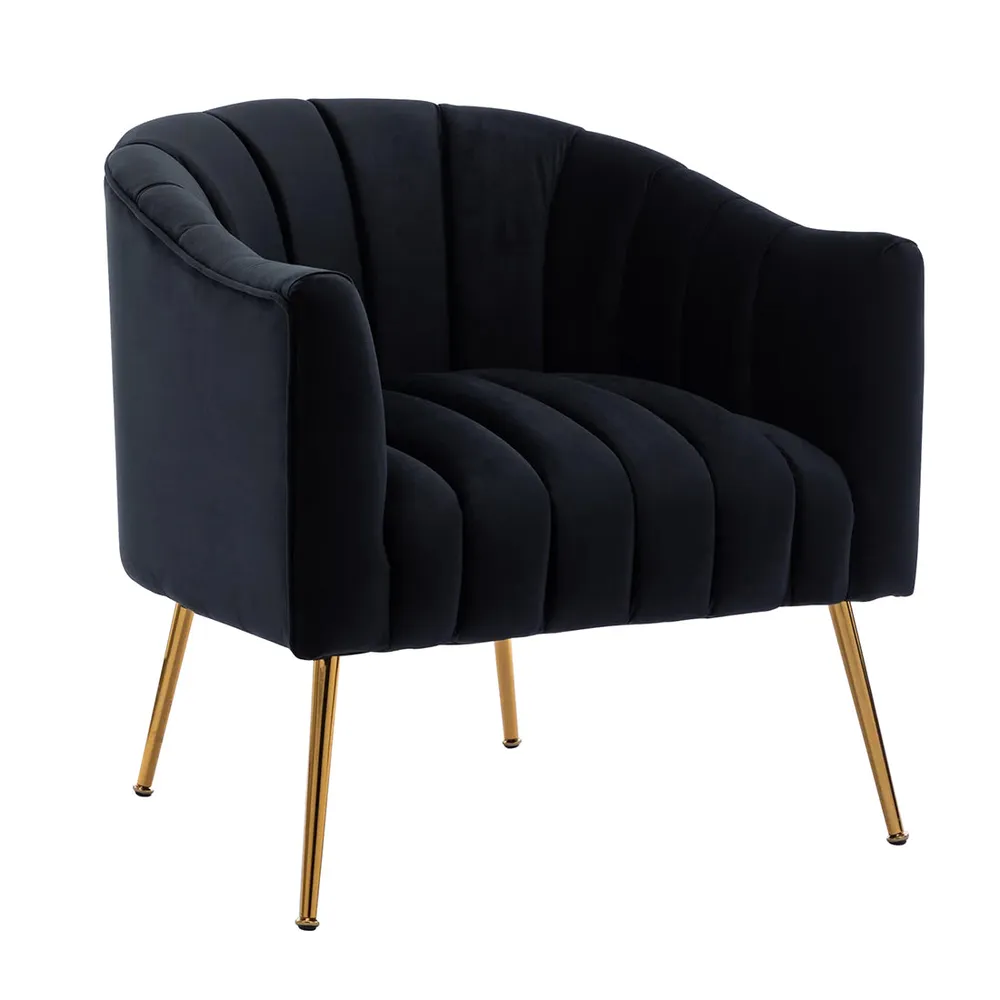 Vertical Channel Tufted Black Velvet Lounge Chair Single Piece