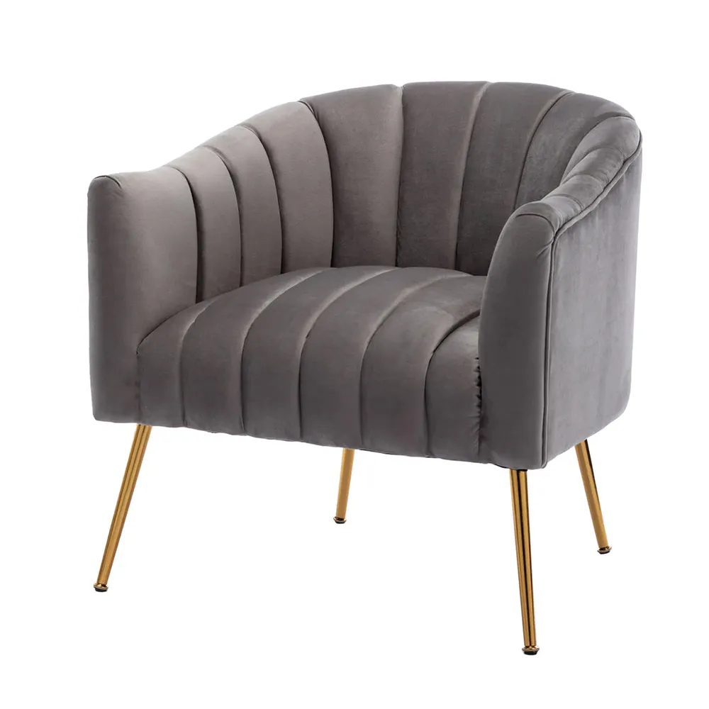 Vertical Channel Tufted Grey Velvet Lounge Chair Single Piece