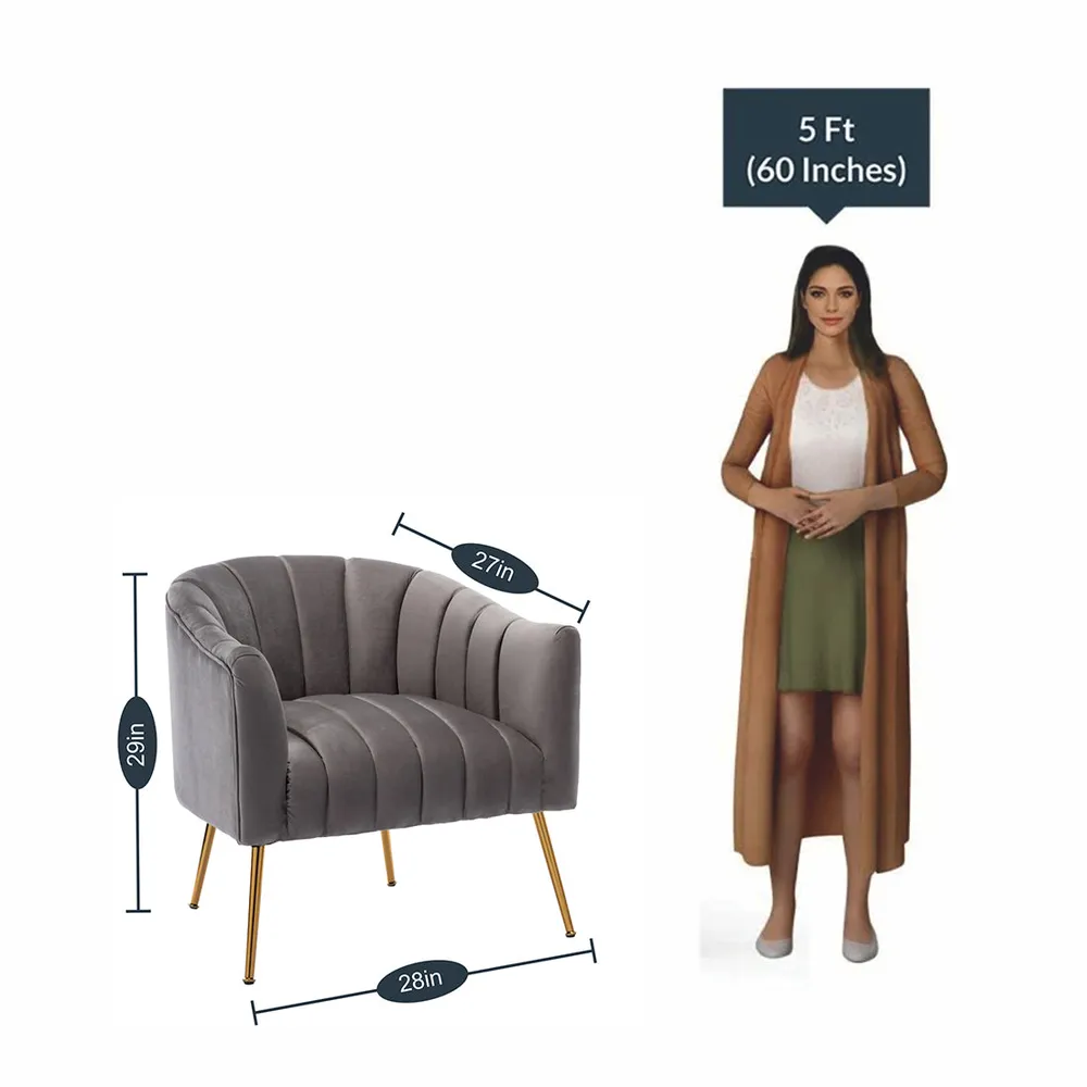 Vertical Channel Tufted Grey Velvet Lounge Chair Single Piece