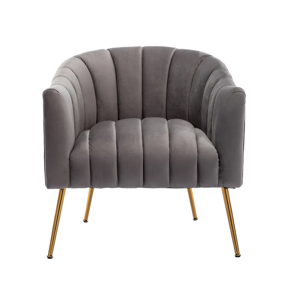 Vertical Channel Tufted Grey Velvet Lounge Chair Single Piece