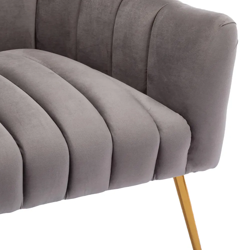 Vertical Channel Tufted Grey Velvet Lounge Chair Single Piece
