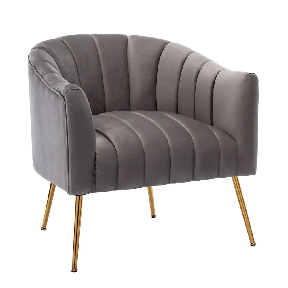 Vertical Channel Tufted Grey Velvet Lounge Chair Single Piece
