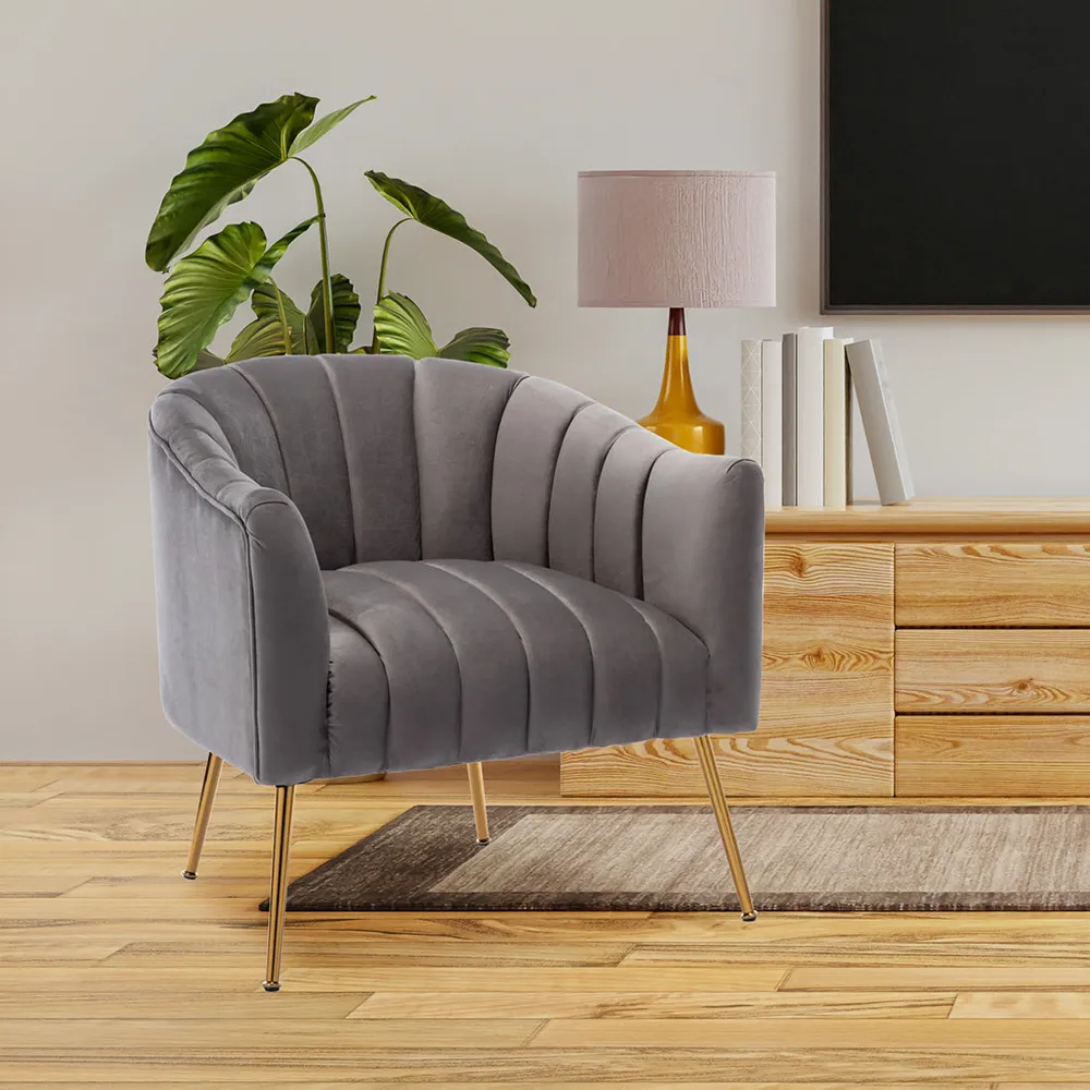 Vertical Channel Tufted Grey Velvet Lounge Chair Single Piece