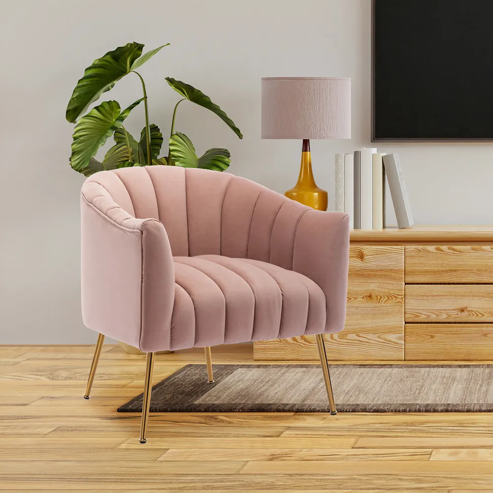 Vertical Channel Tufted Pink Velvet Lounge Chair Single Piece