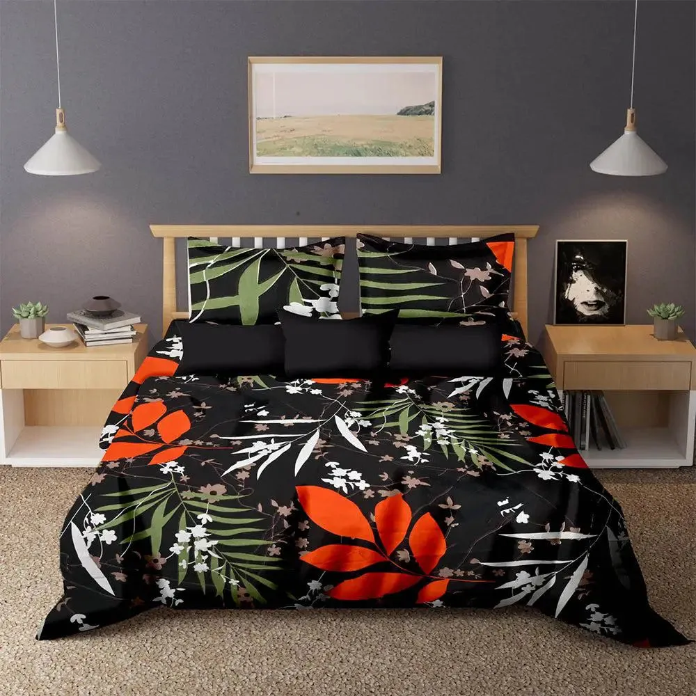 Vibrant Black Orange Leaves Printed Cotton Double Bedsheet With 2 Pillow Covers