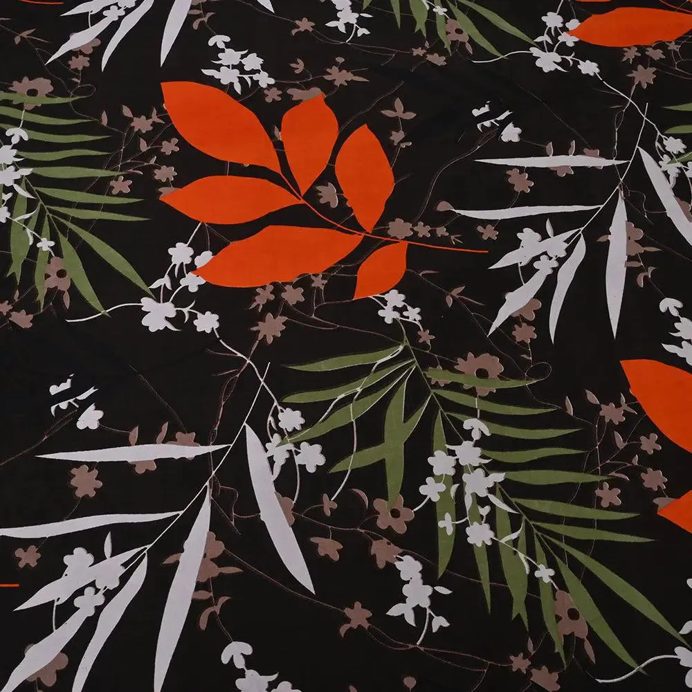 Vibrant Black Orange Leaves Printed Cotton Double Bedsheet With 2 Pillow Covers