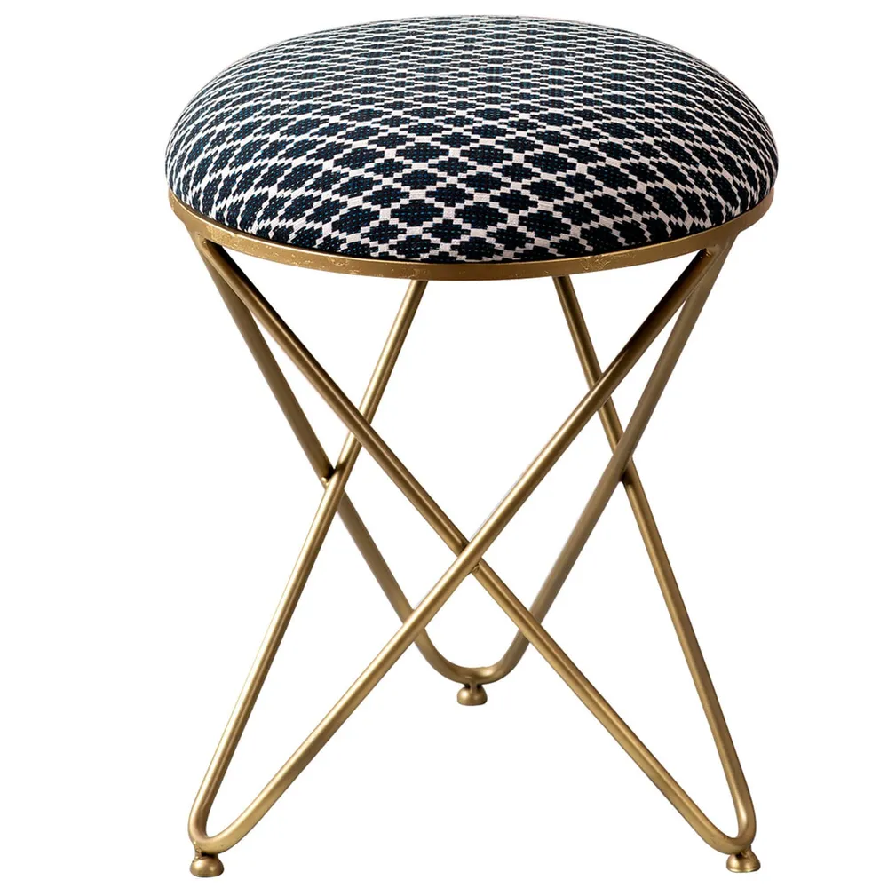 Vibrant Black Printed Woven Jacquard Cotton Upholstered Metal Ottoman Stool