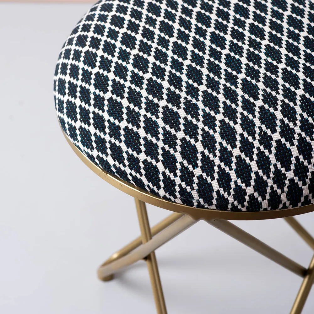 Vibrant Black Printed Woven Jacquard Cotton Upholstered Metal Ottoman Stool
