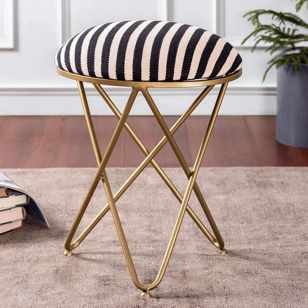 Vibrant Black & White Striped Woven Jacquard Metal Ottoman Stool Set Of 2