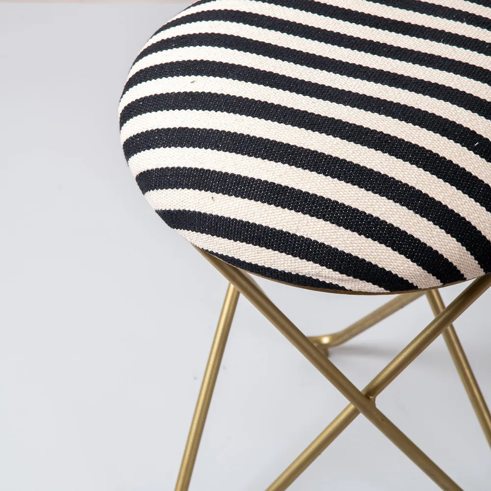 Vibrant Black & White Striped Woven Jacquard Metal Ottoman Stool Set Of 2