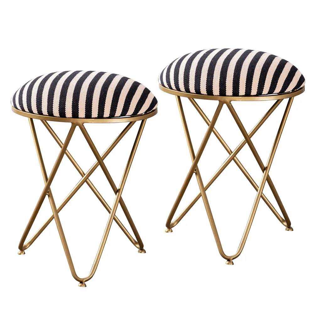 Vibrant Black & White Striped Woven Jacquard Metal Ottoman Stool Set Of 2