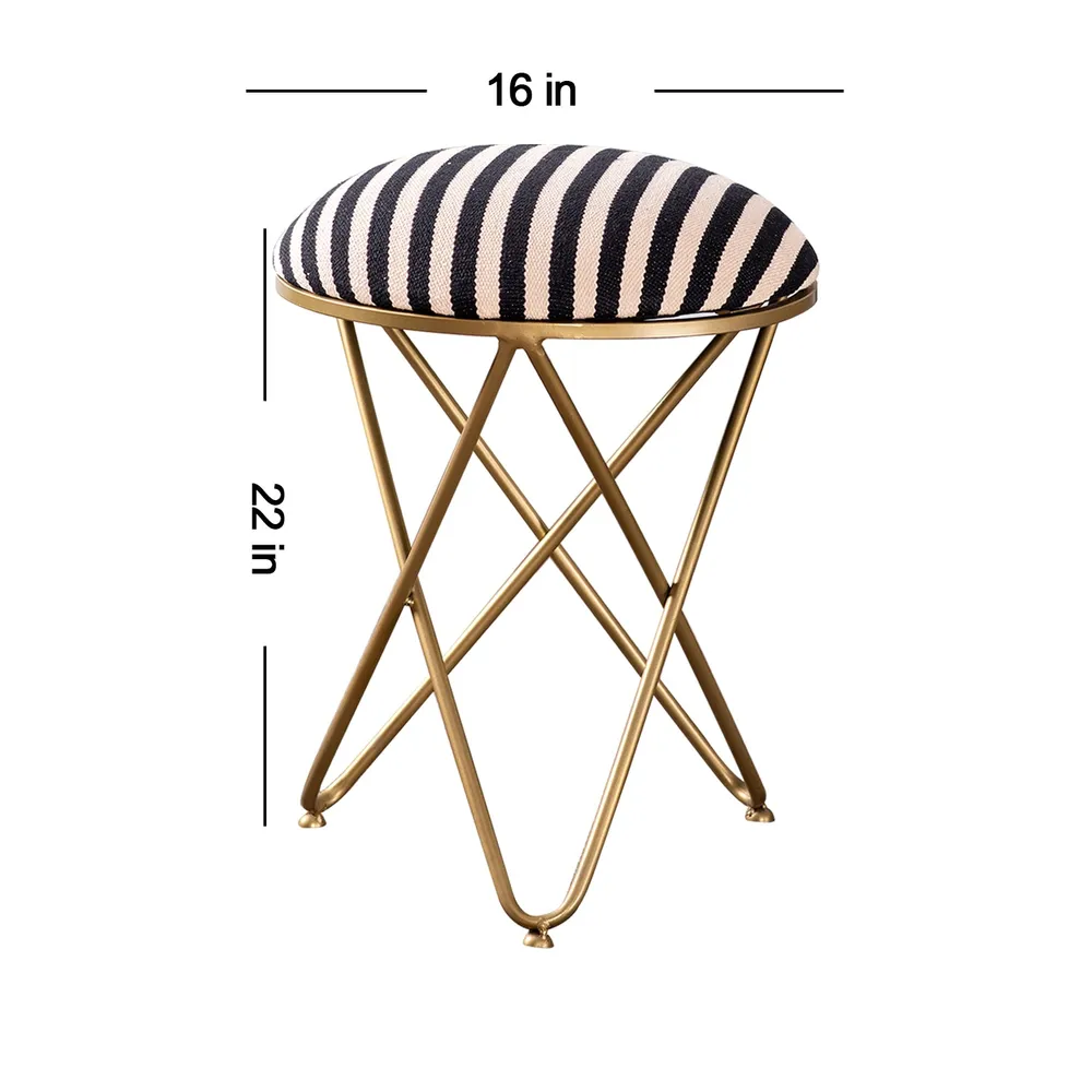 Vibrant Black & White Striped Woven Jacquard Metal Ottoman Stool Set Of 2