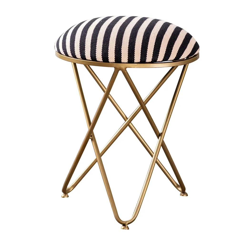 Vibrant Black & White Striped Woven Jacquard Metal Ottoman Stool Set Of 2