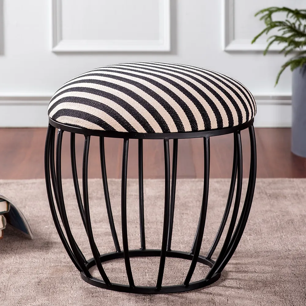 Vibrant Black & White Striped Woven Metal Ottoman Stool