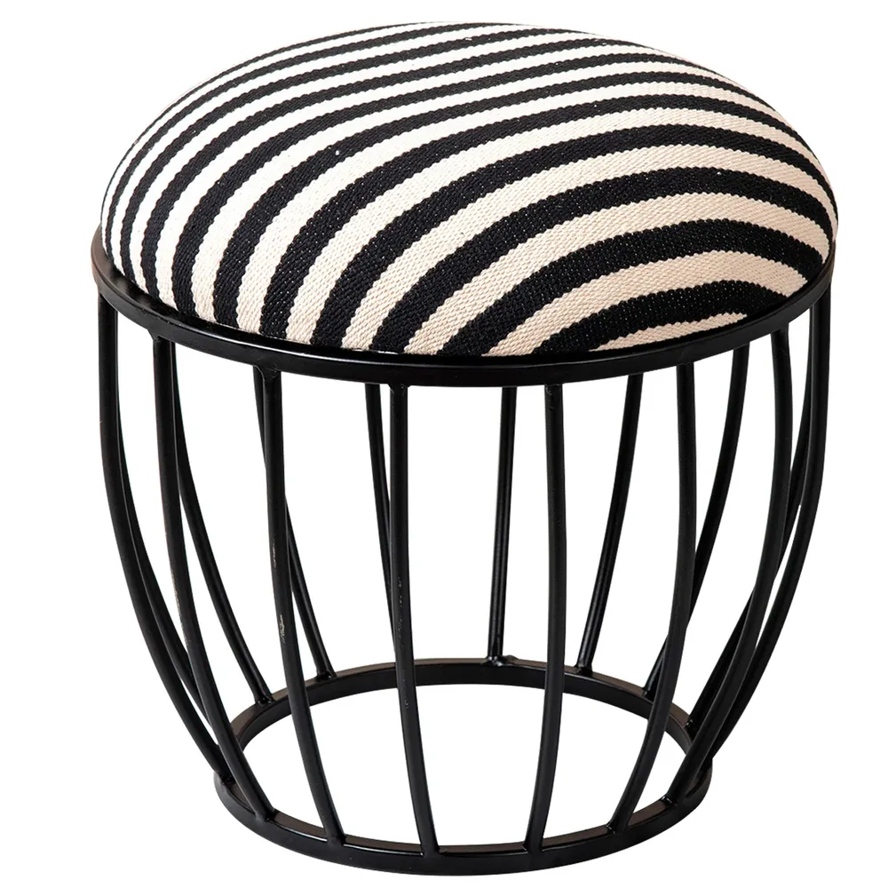 Vibrant Black & White Striped Woven Metal Ottoman Stool