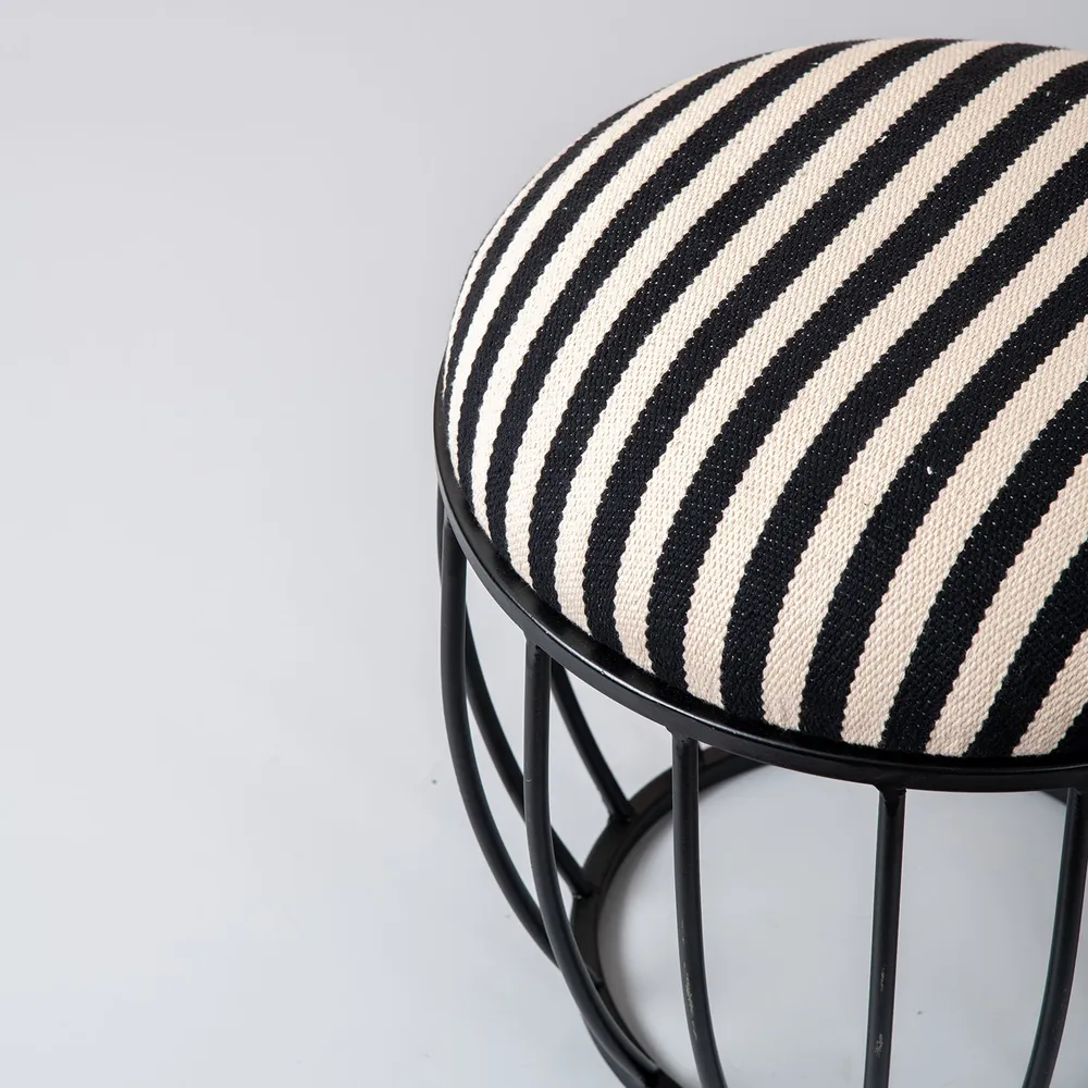 Vibrant Black & White Striped Woven Metal Ottoman Stool