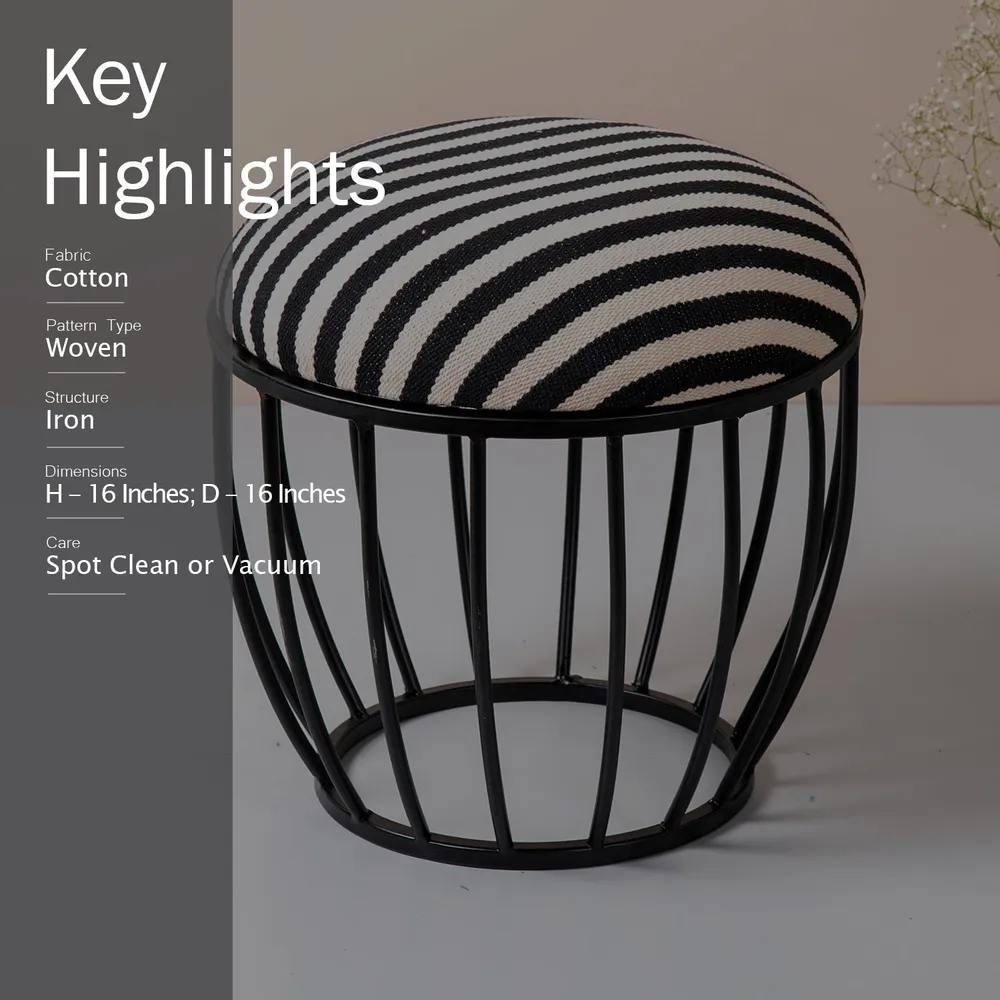 Vibrant Black & White Striped Woven Metal Ottoman Stool