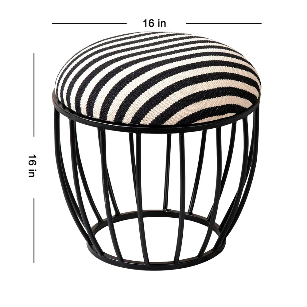 Vibrant Black & White Striped Woven Metal Ottoman Stool