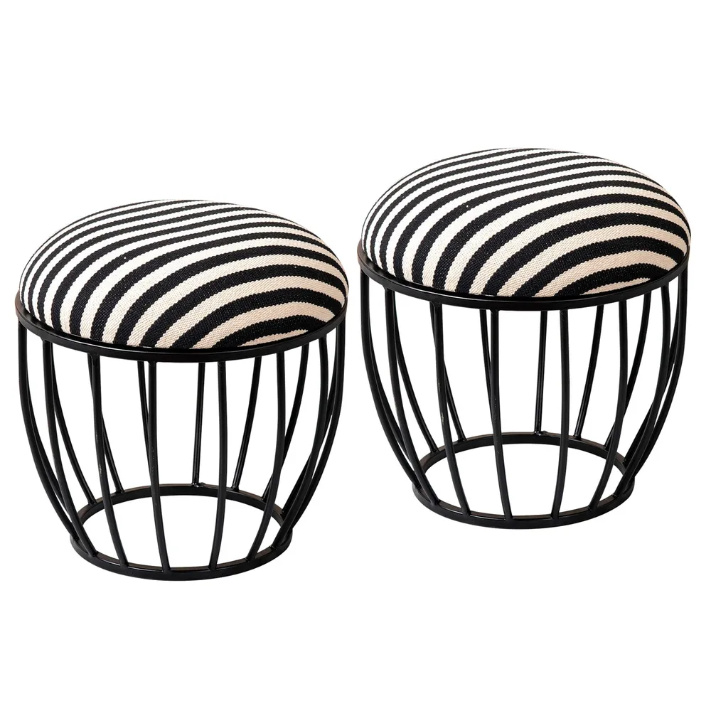 Vibrant Black & White Striped Woven Metal Ottoman Stool Set Of 2