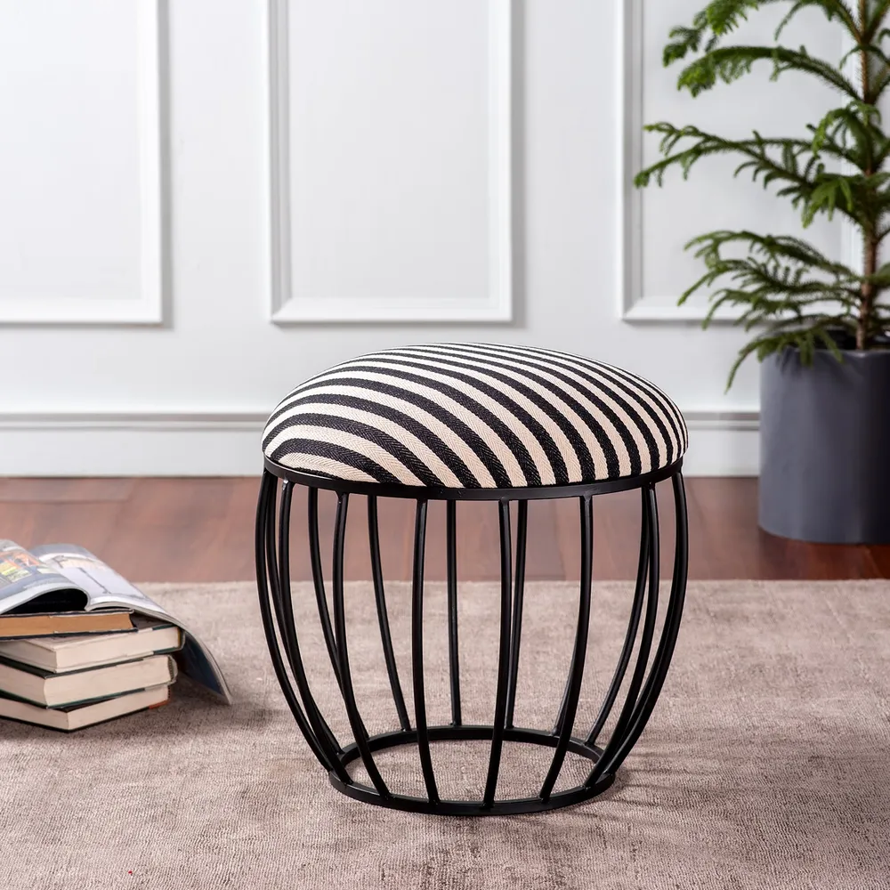 Vibrant Black & White Striped Woven Metal Ottoman Stool Set Of 2