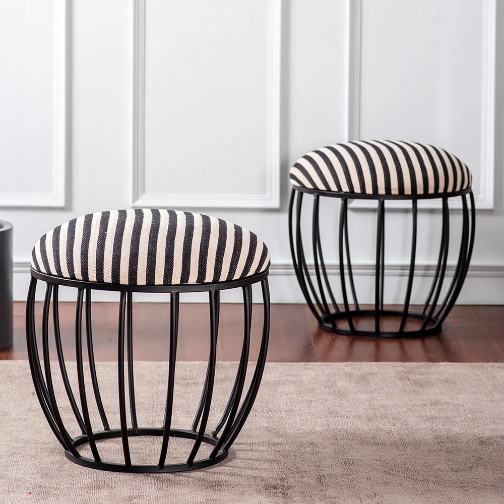 Vibrant Black & White Striped Woven Metal Ottoman Stool Set Of 2