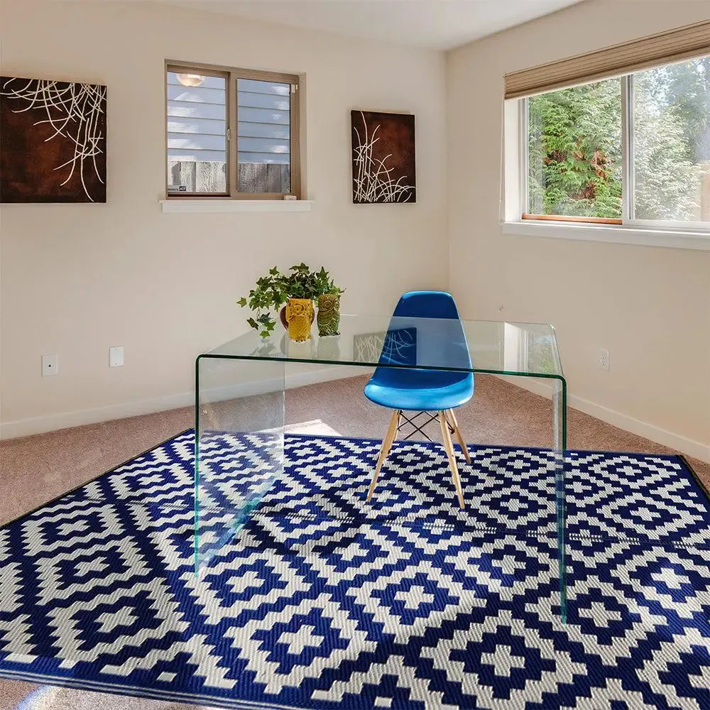Vibrant Blue Aztec Designer Big Floor Mat
