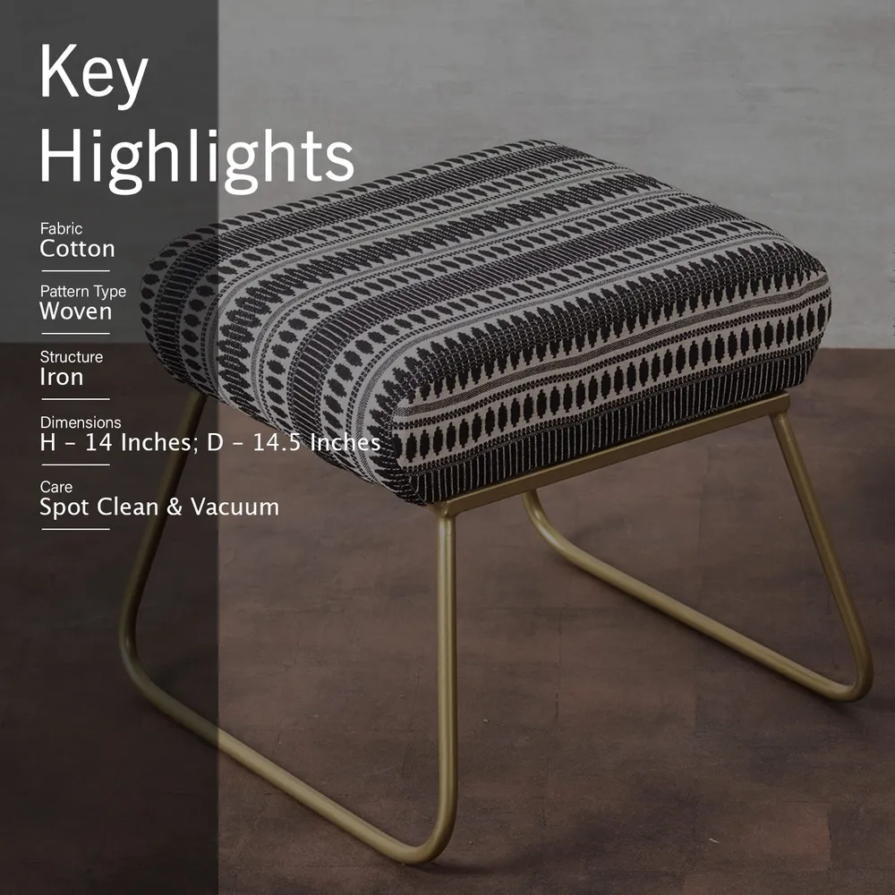 Vibrant Grey & White Printed Woven Jacquard Cotton Upholstered Metal Ottoman Stool