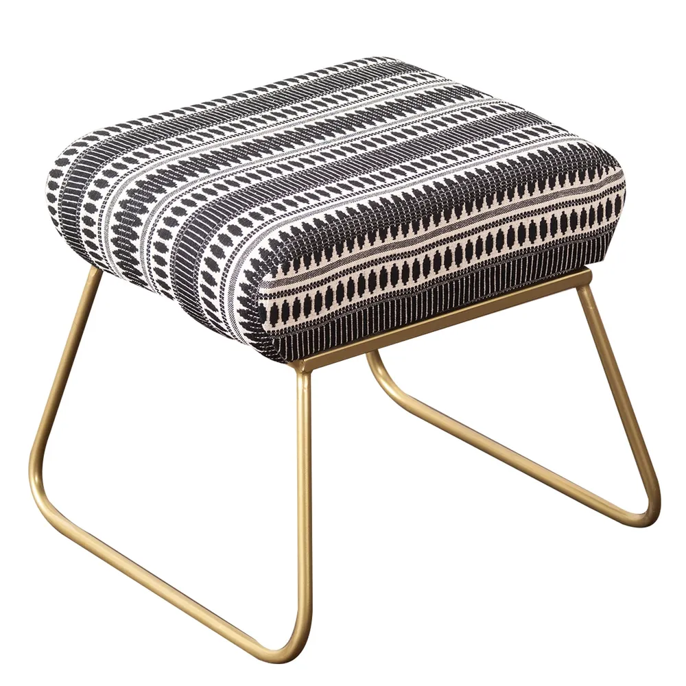 Vibrant Grey & White Printed Woven Jacquard Cotton Upholstered Metal Ottoman Stool