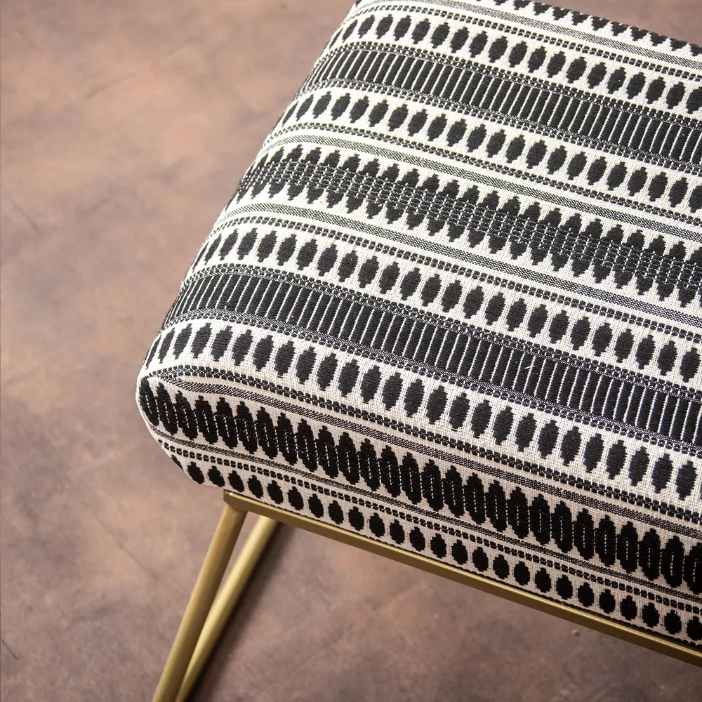 Vibrant Grey & White Printed Woven Jacquard Cotton Upholstered Metal Ottoman Stool