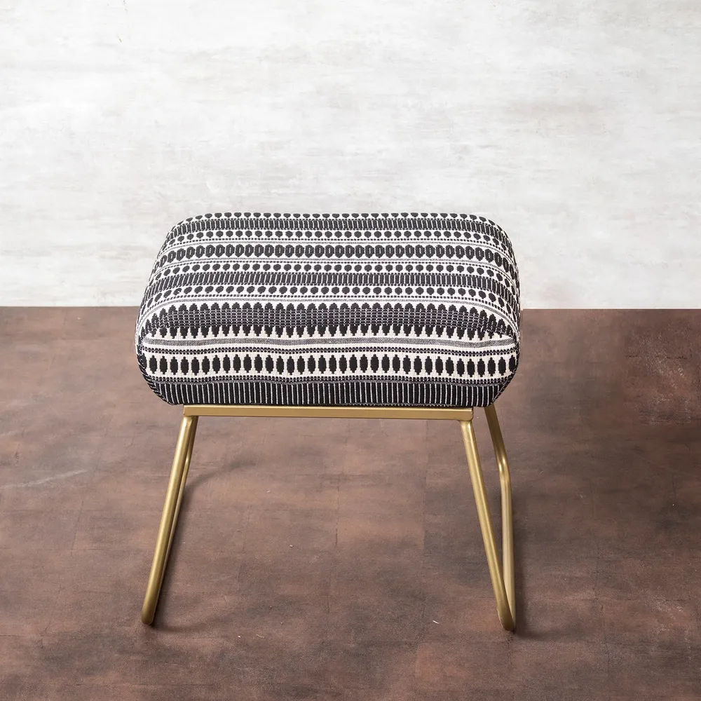 Vibrant Grey & White Printed Woven Jacquard Cotton Upholstered Metal Ottoman Stool