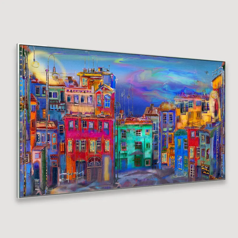 Vibrant homes in Evening street Framed Wall Art With Frame