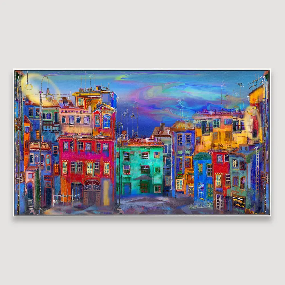 Vibrant homes in Evening street Framed Wall Art With Frame