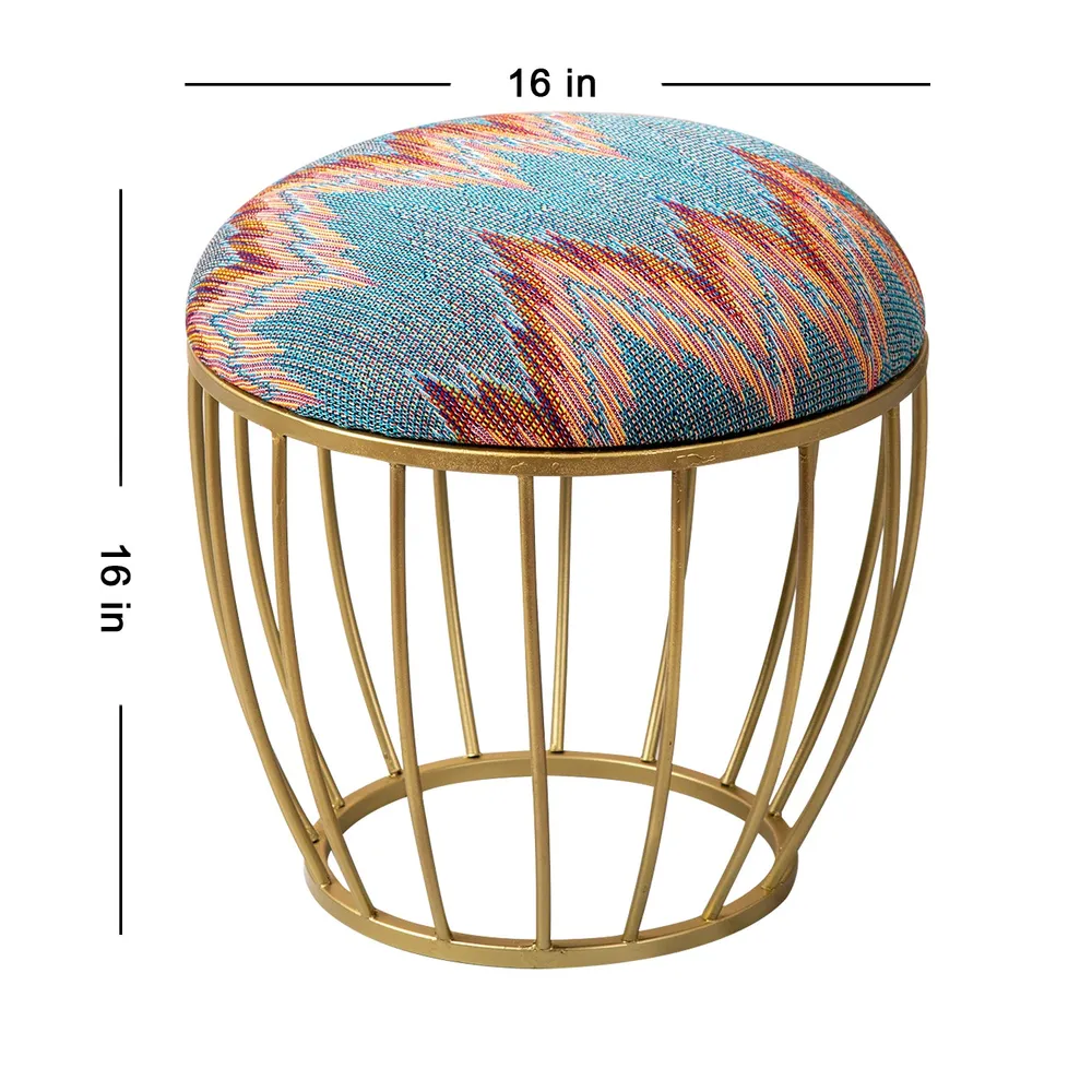 Vibrant Multicolor Abstract Printed Woven Jacquard Cotton Upholstered Metal Ottoman Stool