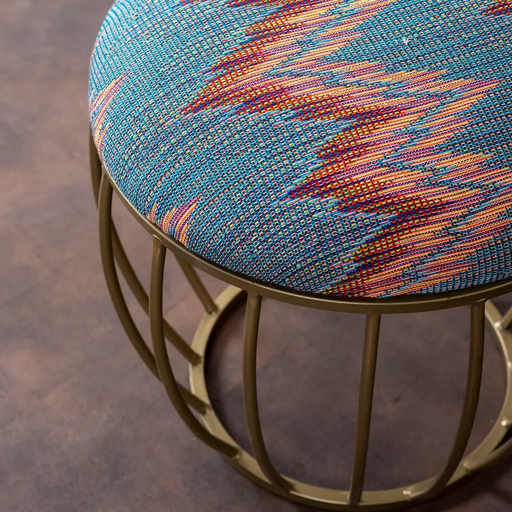 Vibrant Multicolor Abstract Printed Woven Jacquard Cotton Upholstered Metal Ottoman Stool