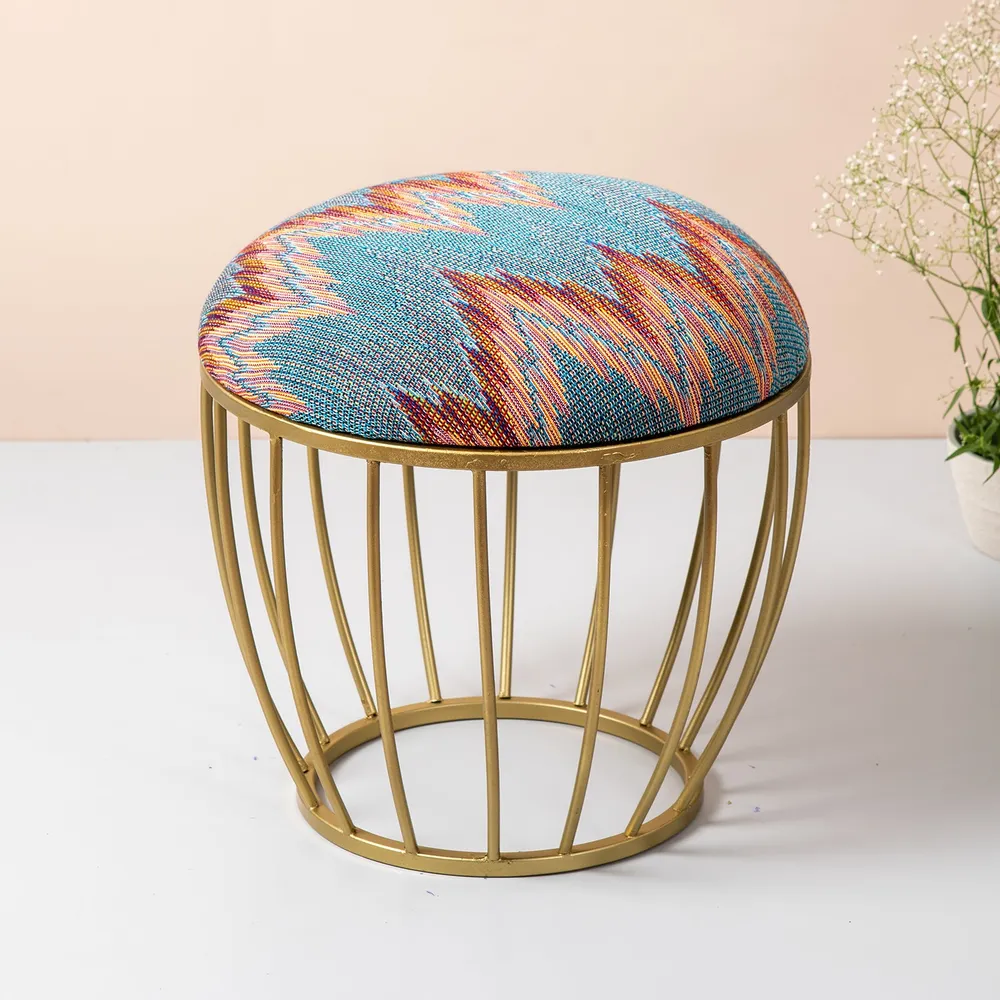Vibrant Multicolor Abstract Printed Woven Jacquard Cotton Upholstered Metal Ottoman Stool