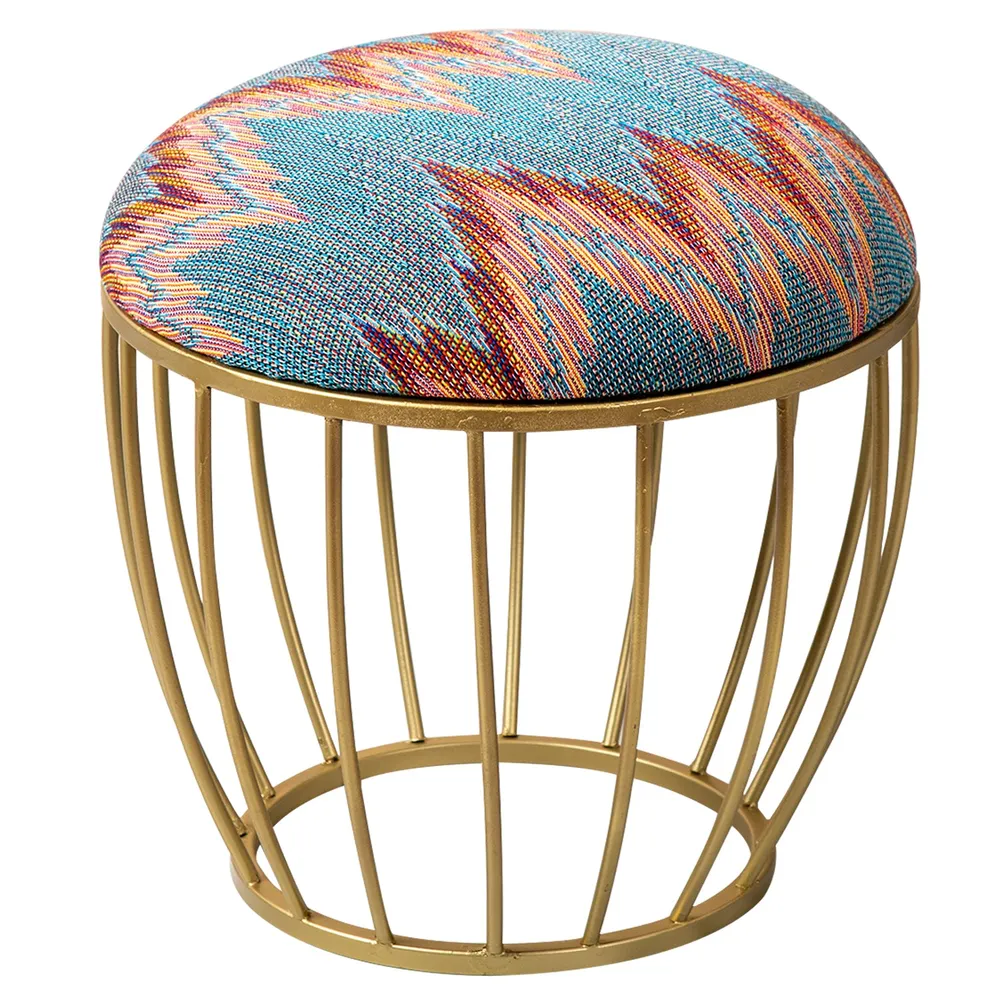 Vibrant Multicolor Abstract Printed Woven Jacquard Cotton Upholstered Metal Ottoman Stool