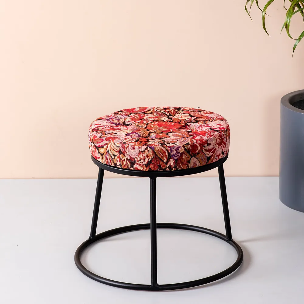 Vibrant Multicolored Printed Woven Jacquard Metal Ottoman Stool