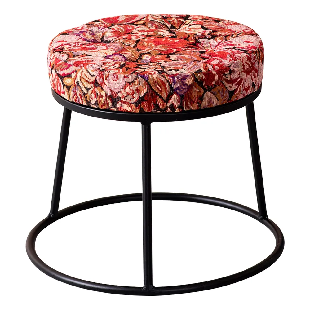 Vibrant Multicolored Printed Woven Metal Ottoman Stool Set Of 2