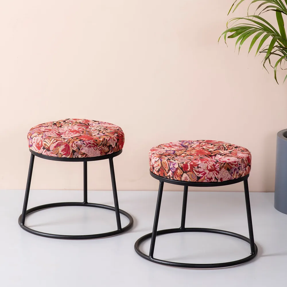 Vibrant Multicolored Printed Woven Metal Ottoman Stool Set Of 2