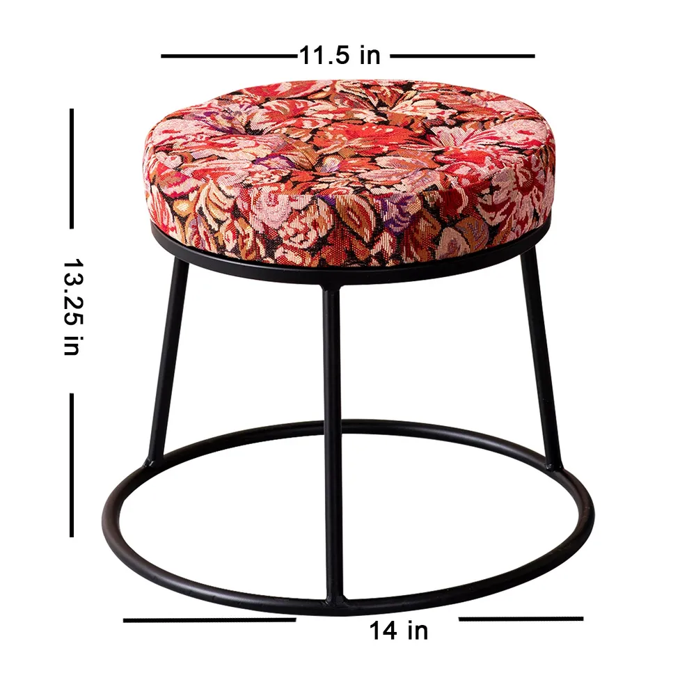 Vibrant Multicolored Printed Woven Metal Ottoman Stool Set Of 2