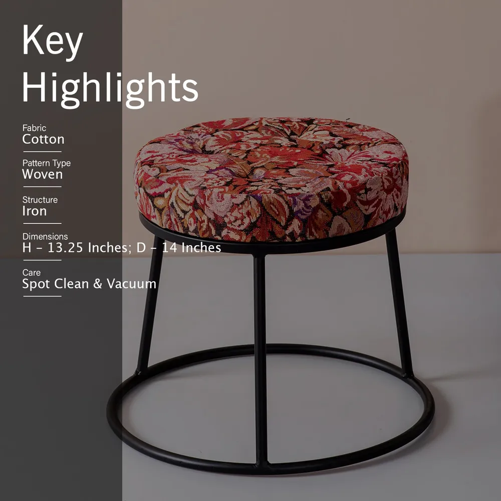 Vibrant Multicolored Printed Woven Metal Ottoman Stool Set Of 2