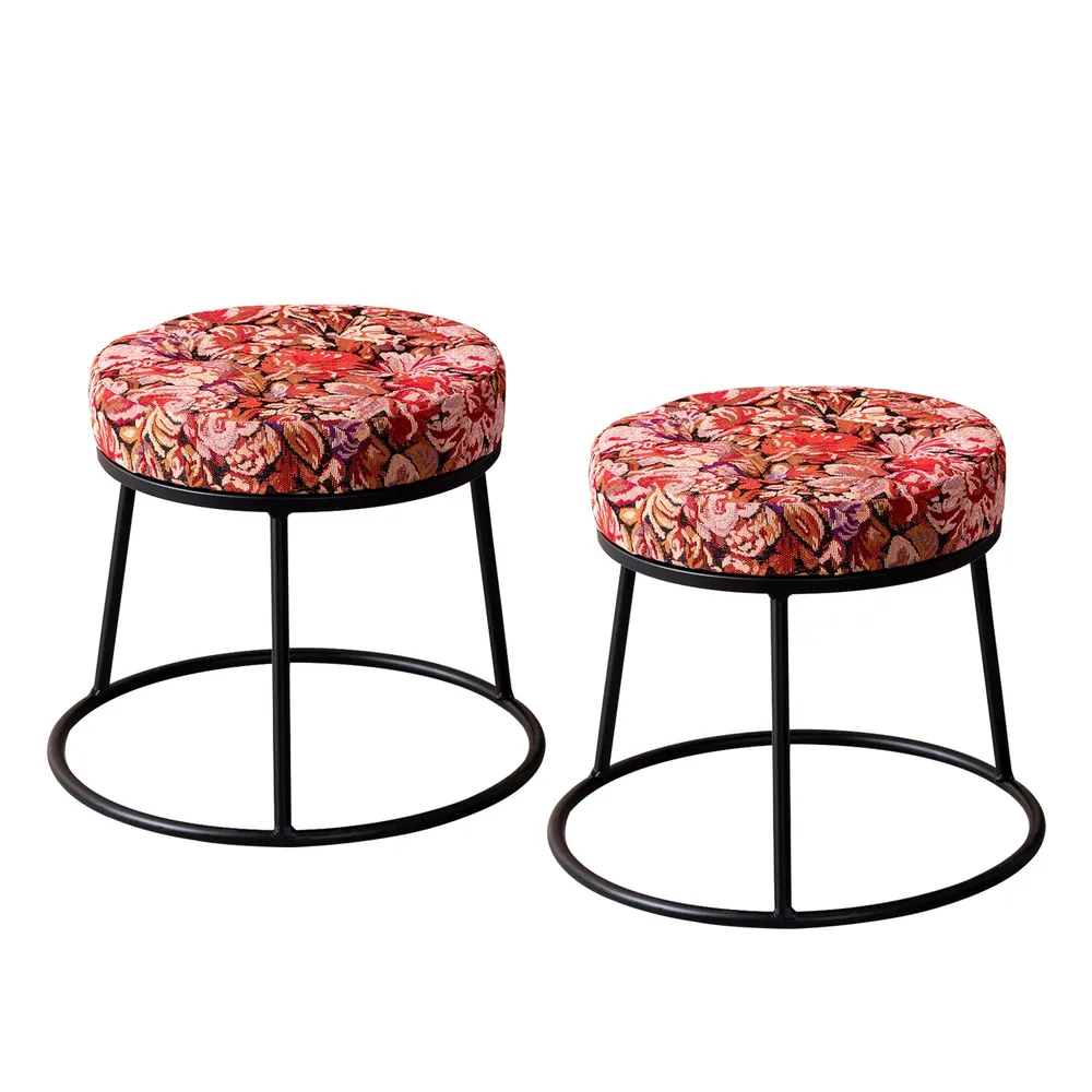 Vibrant Multicolored Printed Woven Metal Ottoman Stool Set Of 2