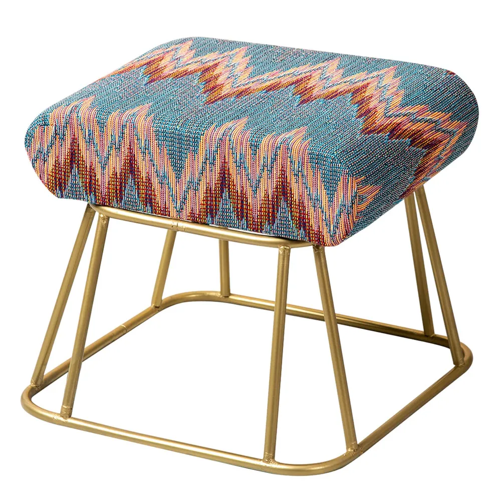 Vibrant Multicolored Woven Jacquard Cotton Upholstered Metal Ottoman Stool