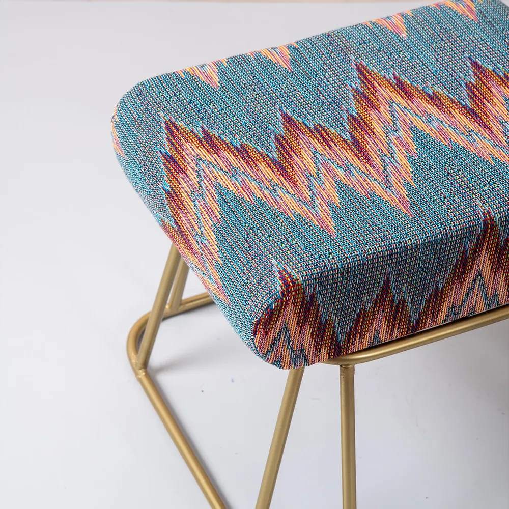 Vibrant Multicolored Woven Jacquard Cotton Upholstered Metal Ottoman Stool