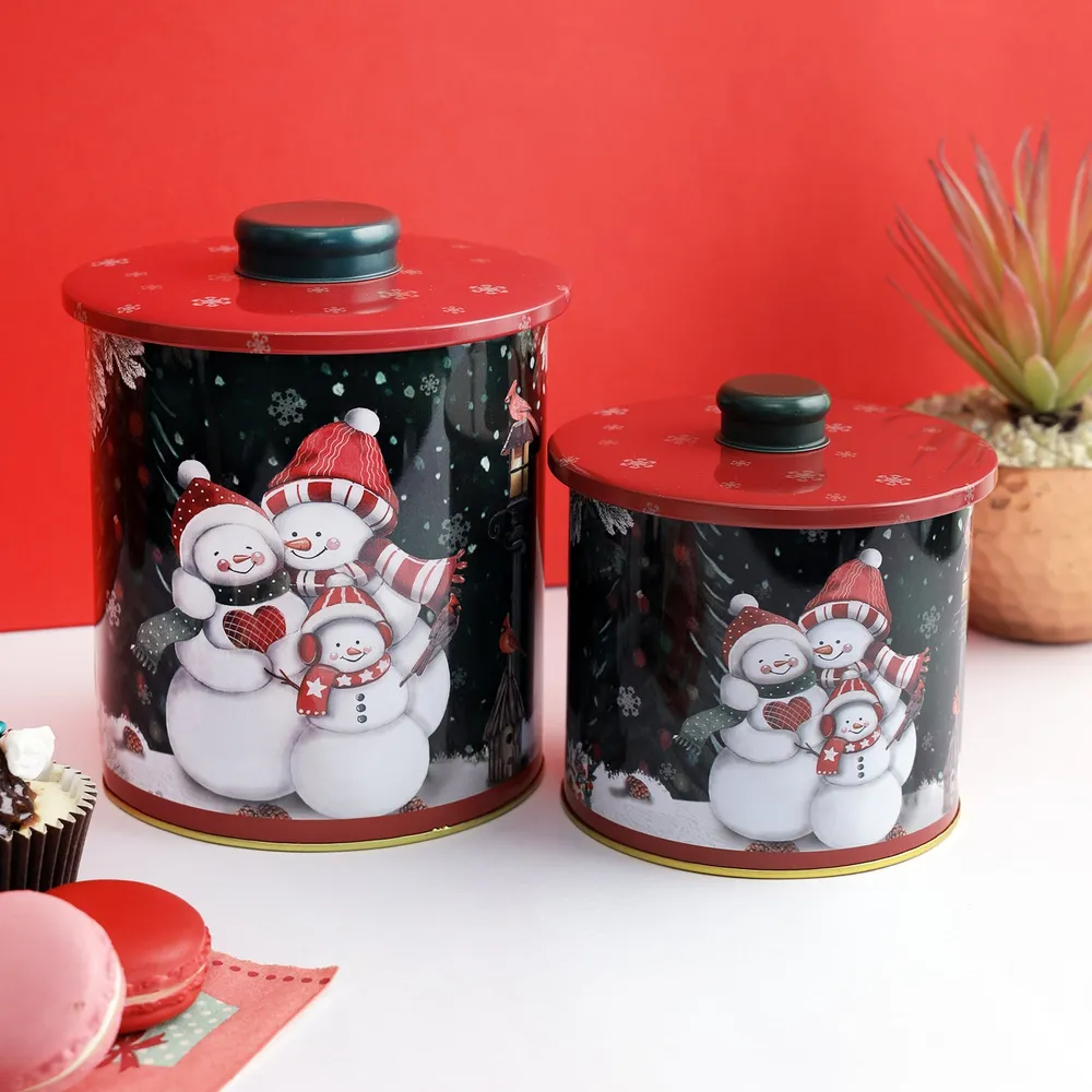 Vibrant Red &amp; Black Snowman Family Canisters Set Of 2