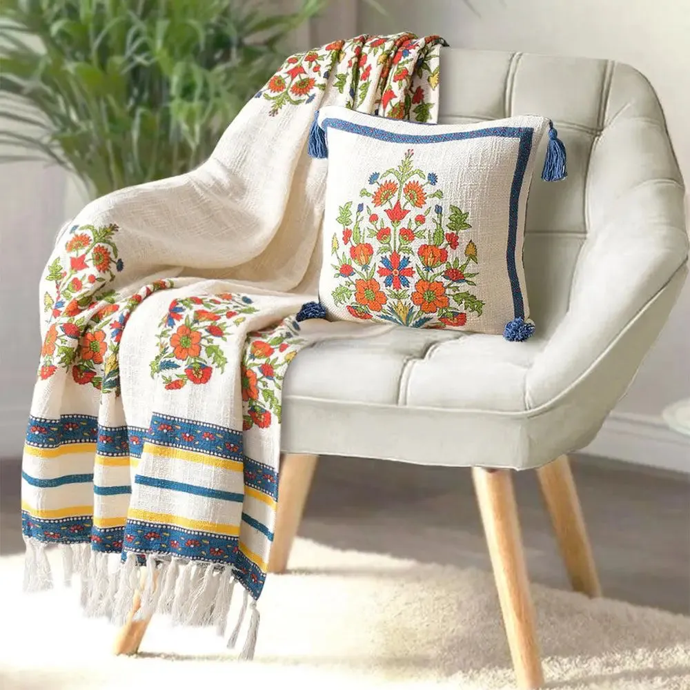 Vibrant Red & Blue Floral Art Tasseled Cotton Throw