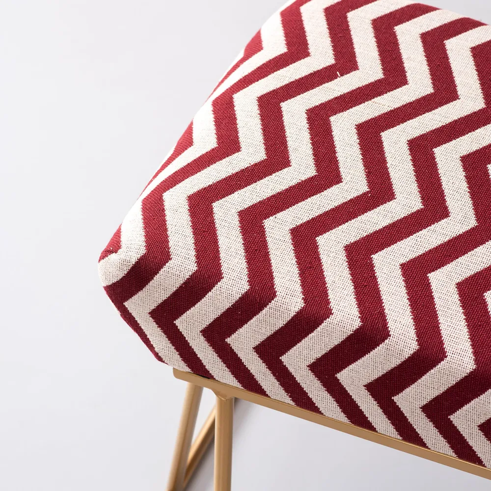Vibrant Red & White Zig Zag Print Woven Jacquard Cotton Upholstered Metal Ottoman Stool
