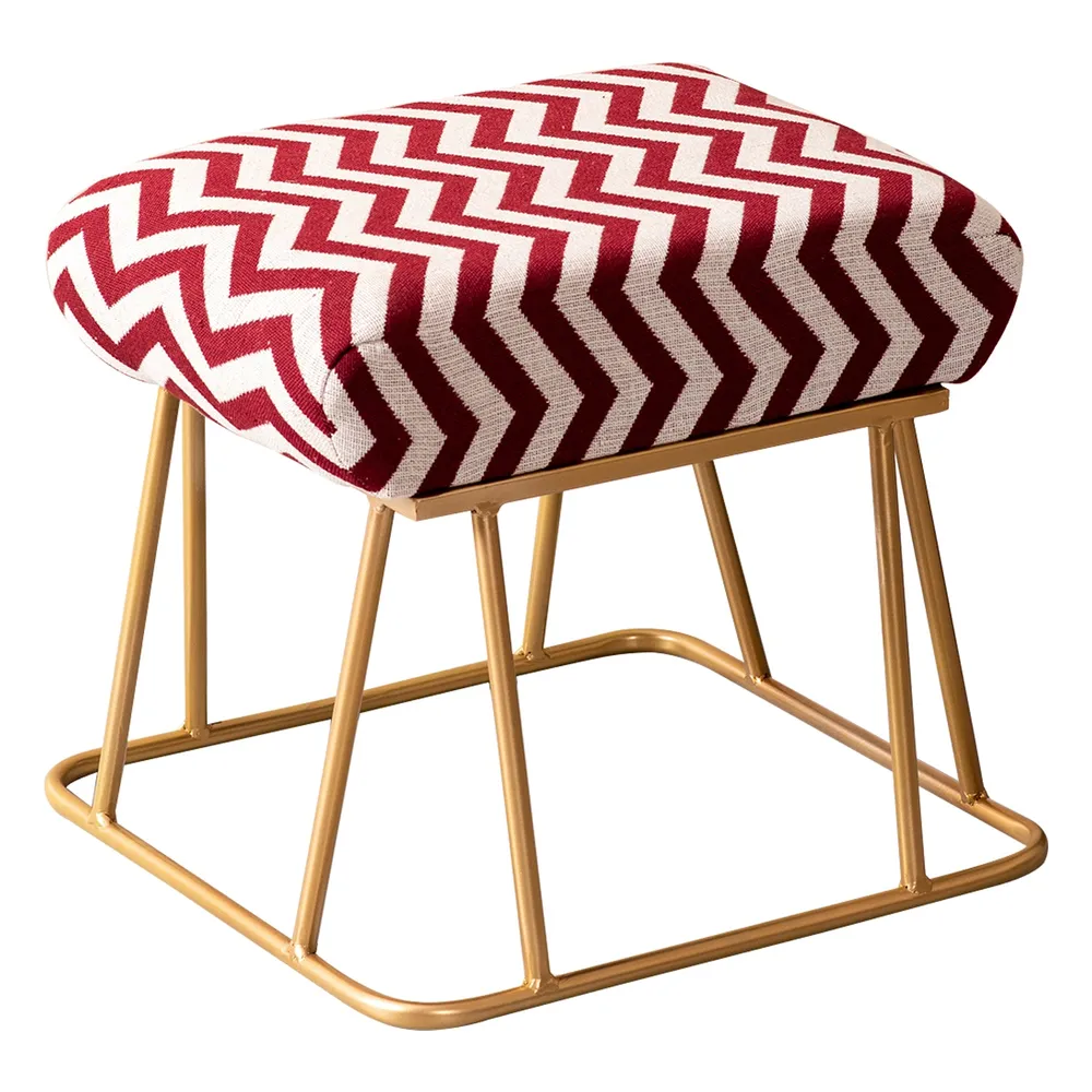 Vibrant Red & White Zig Zag Print Woven Jacquard Cotton Upholstered Metal Ottoman Stool