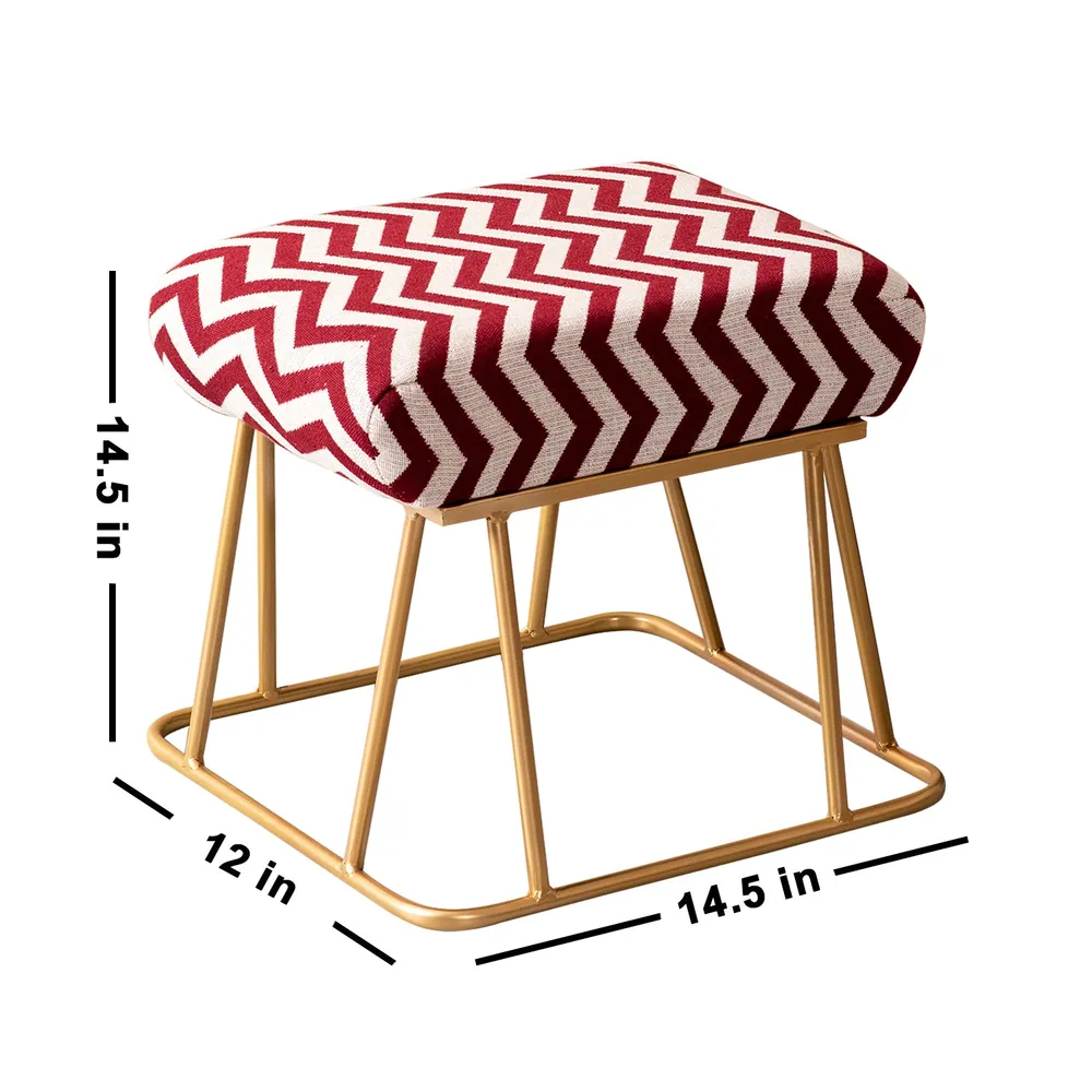 Vibrant Red & White Zig Zag Print Woven Jacquard Cotton Upholstered Metal Ottoman Stool