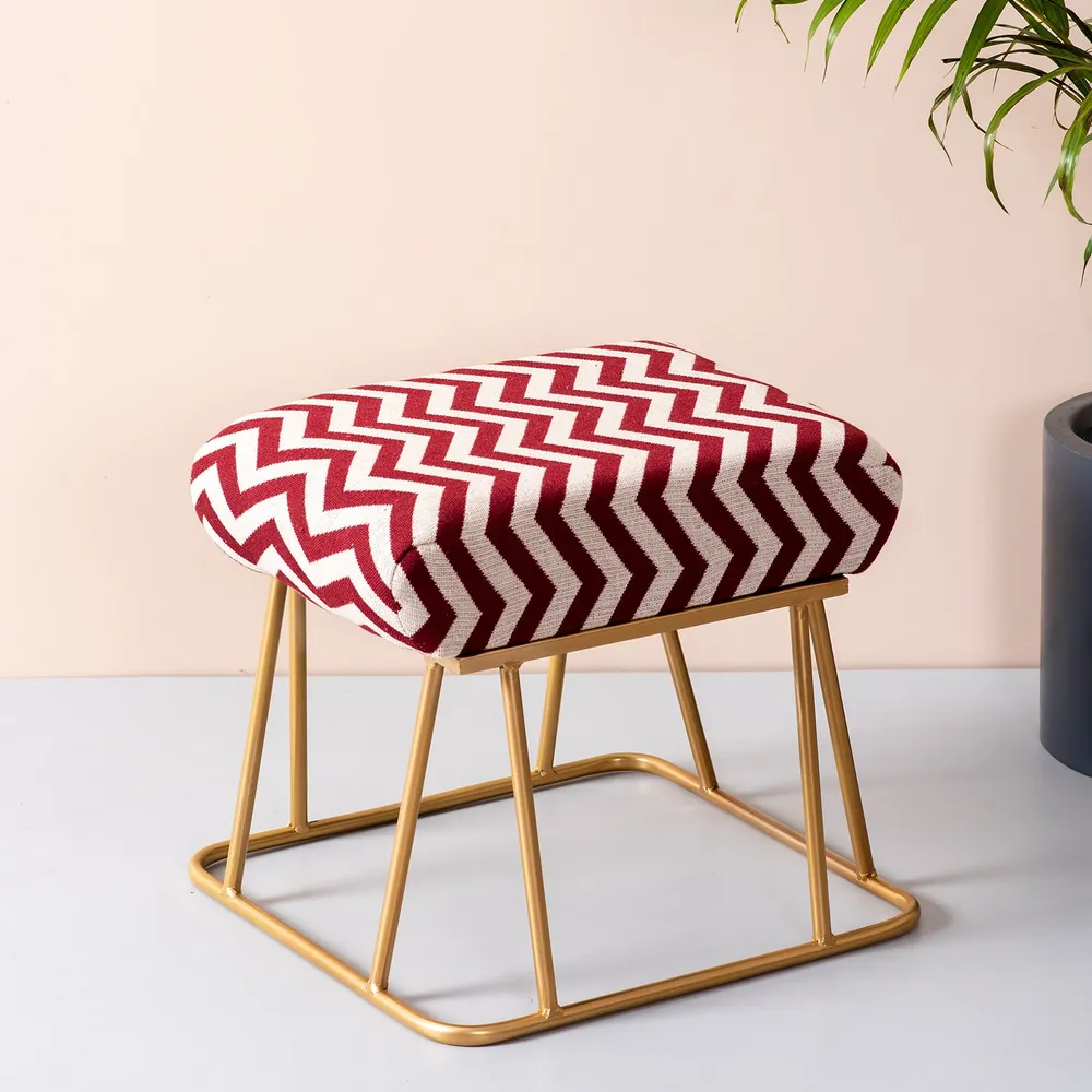 Vibrant Red & White Zig Zag Print Woven Jacquard Cotton Upholstered Metal Ottoman Stool